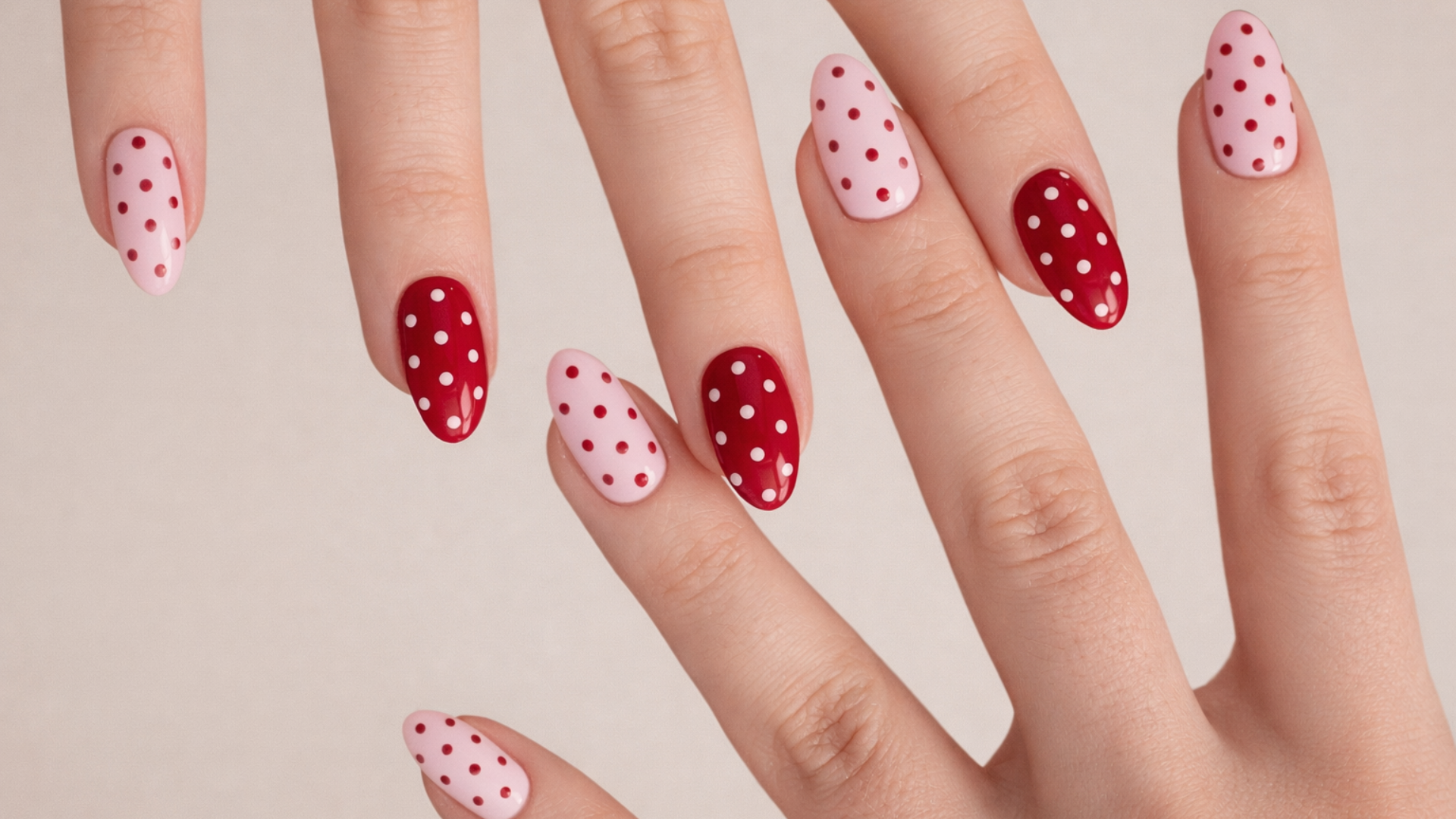 Detailaufnahme von Polka Dot Nails mit roter Basis und weißen Punkten auf mandelförmigen Nägeln, klarer Studio-Hintergrund.