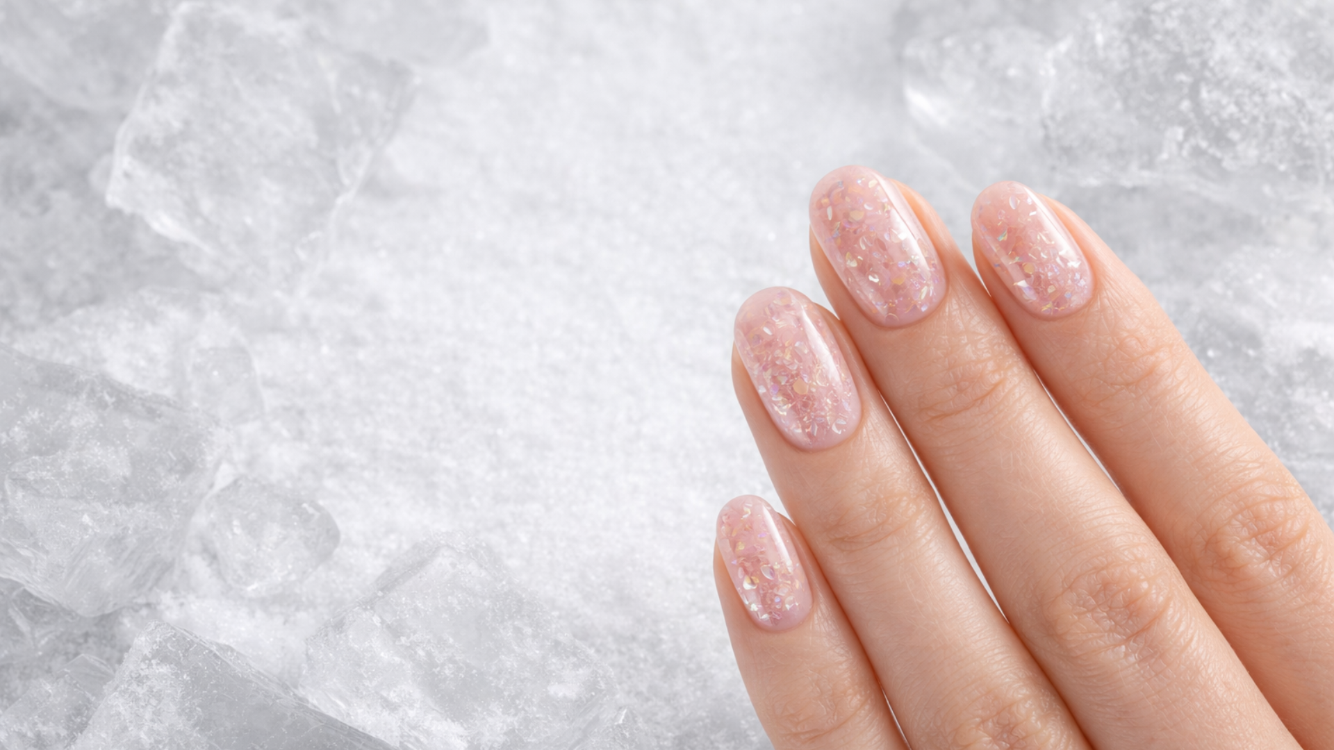 Noemi Jelly Nails von fancyhands® – milky Rosé Jelly mit roséfarbenen Mirror-Flakes, inspiriert von Eisköniginnen, inszeniert auf eisiger Oberfläche