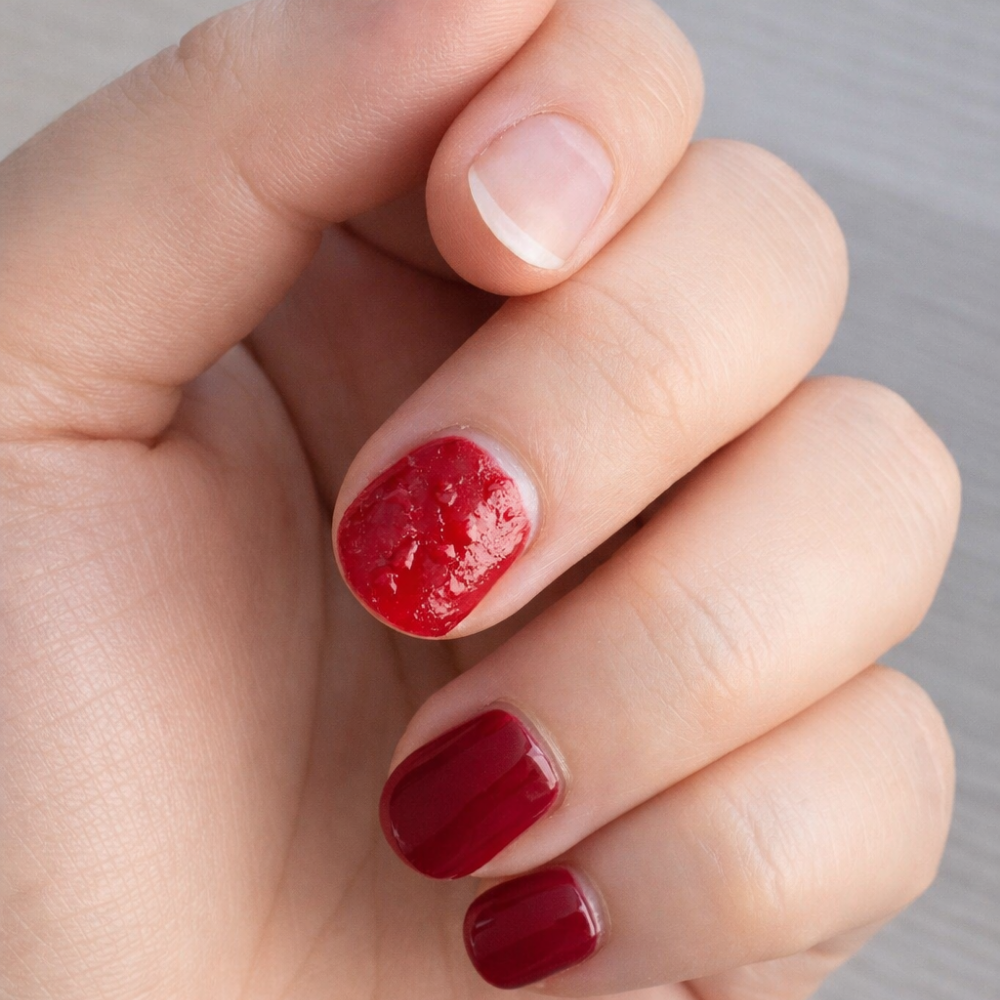 Hand mit teilweise gelöstem rotem Dipping Powder auf einem Fingernagel während der Remover-Anwendung