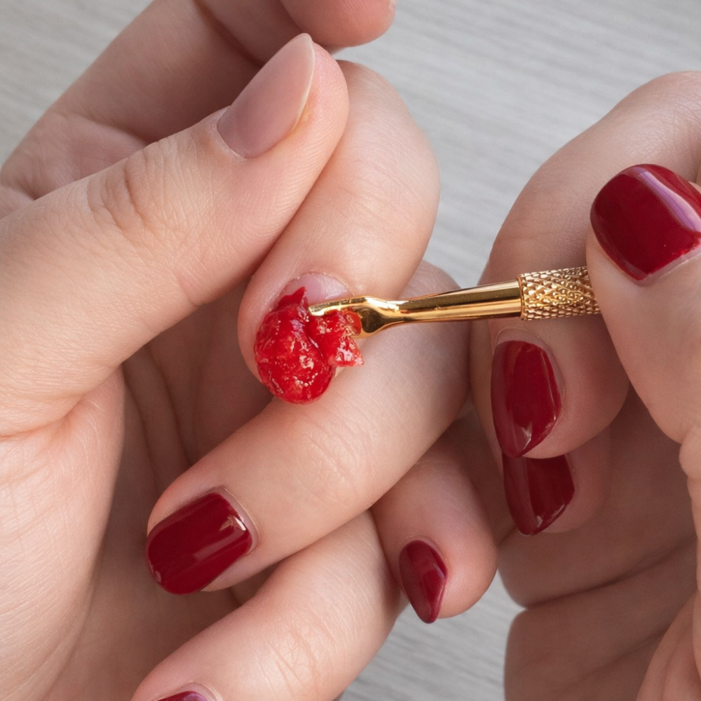 Gelöste rote Dipping-Powder-Schicht wird mit einem Nagelhautschieber vom Naturnagel abgehoben