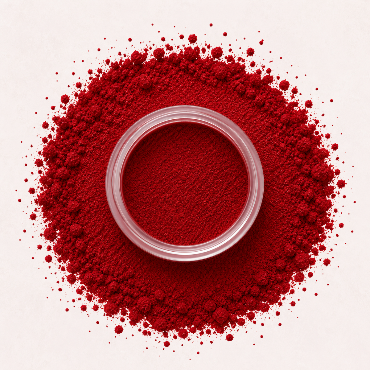 fancyhands® Amira Dipping Powder in tiefem, klassischem Rot ohne Glitzer im offenen Tiegel, umgeben von losem Pulver.