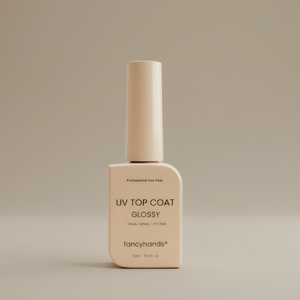 fancyhands® Glossy UV Top Coat Flasche, weißes minimalistisches Design mit Aufschrift HEMA HPMA TPO free, 15 ml