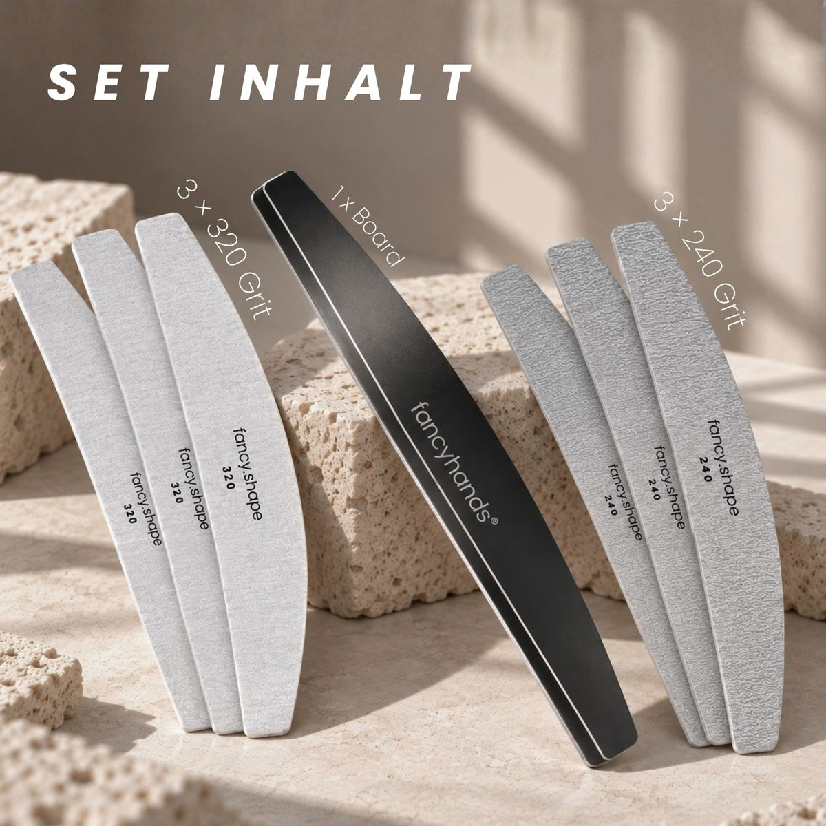 fancy.shape Starter Kit mit schwarzem Feilenboard sowie jeweils drei Feilblättern in 240 und 320 Grit