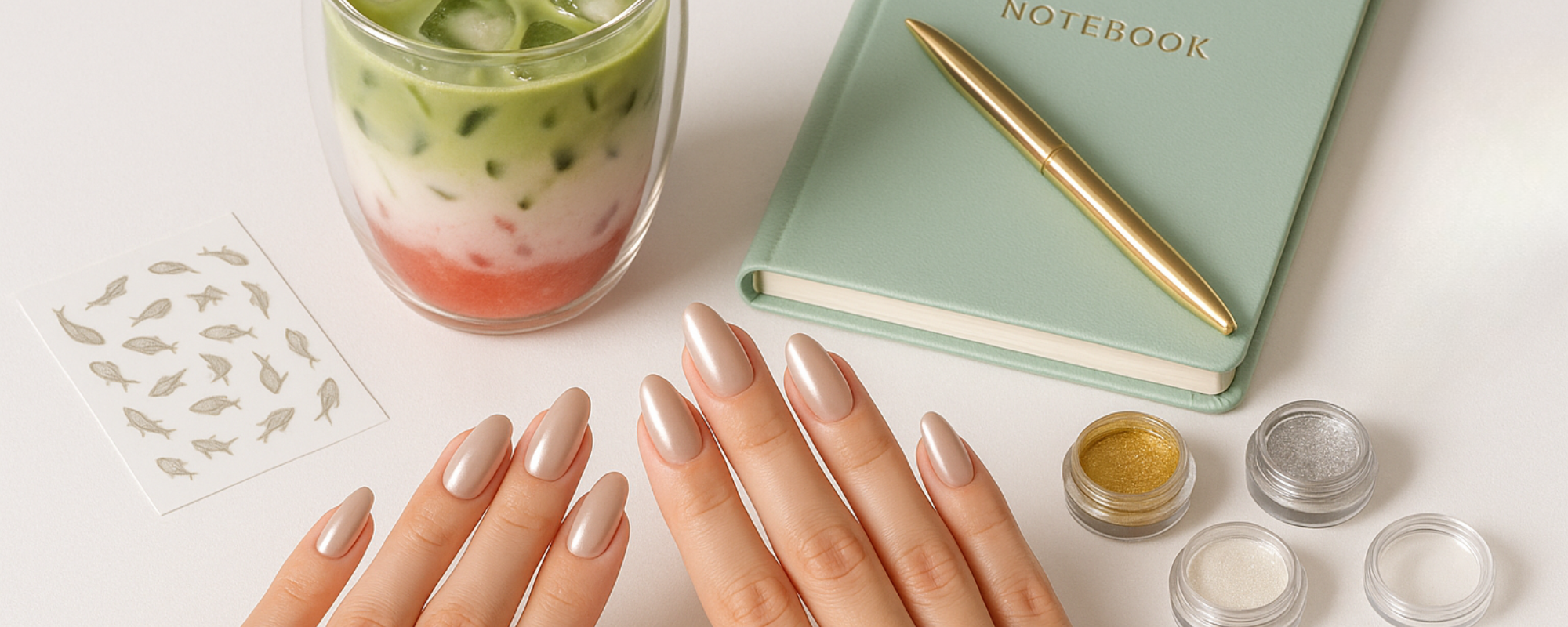 Stilvolle Flatlay-Szene mit Nude-Chrome-Nägeln, Matcha Strawberry Latte, Fisch-Nailstickern, Goldpuder und mintfarbenem Notizbuch – elegantes Setup für Content Creation mit fancyhands.