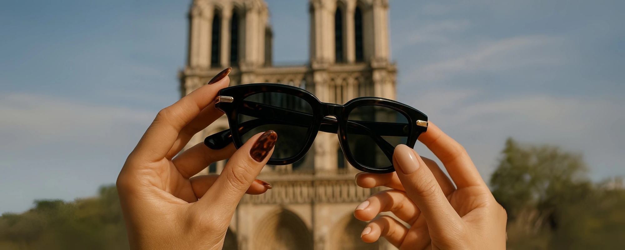 Zwei gepflegte Hände mit Old Money Nude Nails und Tortoiseshell Nails halten eine schwarze Sonnenbrille mit goldenen Details vor der Kathedrale Notre Dame in Paris.