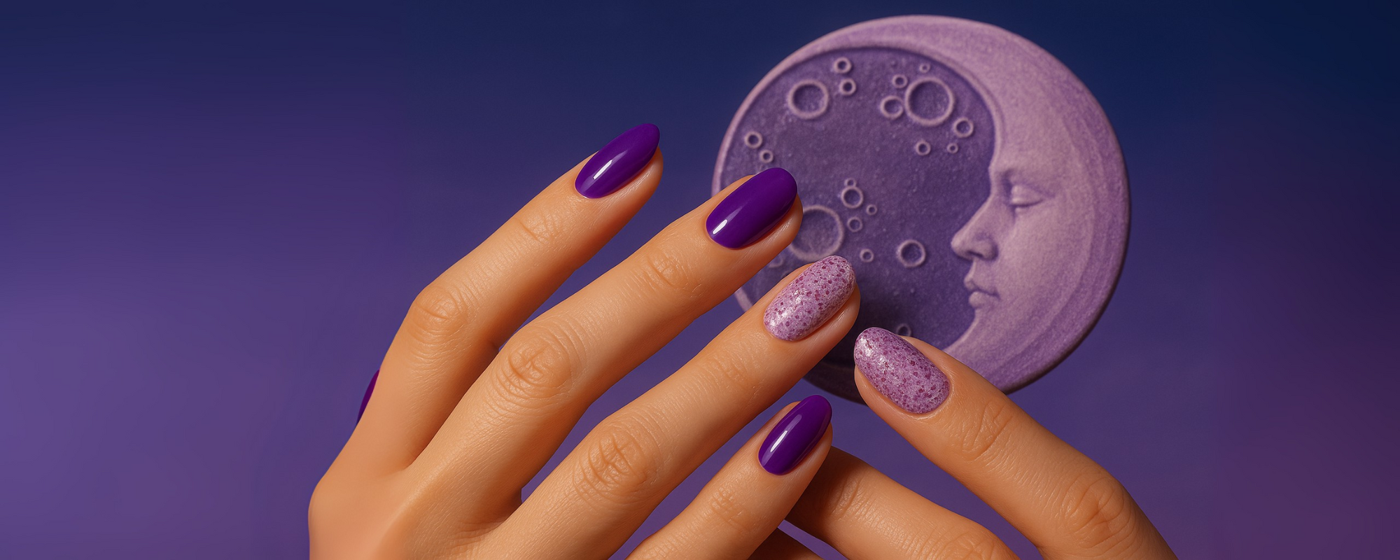 fancyhands Purple Shift Nails – trendige violette Maniküre mit Glitzereffekt vor dekorativem Ceramic Style Mond-Hintergrund