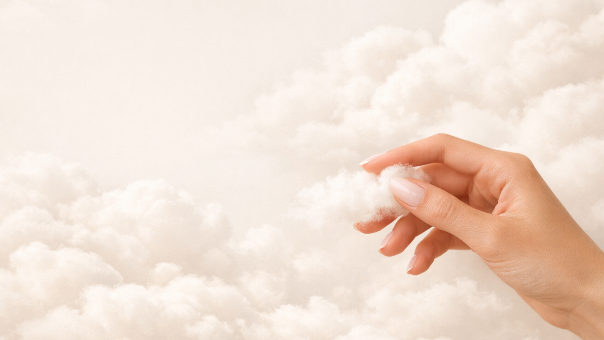 Zarte Clean-Girl-Hand mit kurzen almondförmigen Nägeln in milky Rosé, die eine fluffige Wolke berührt, vor warmem Off-White-Wolkenhintergrund im Cloud-Dancer-Stil.