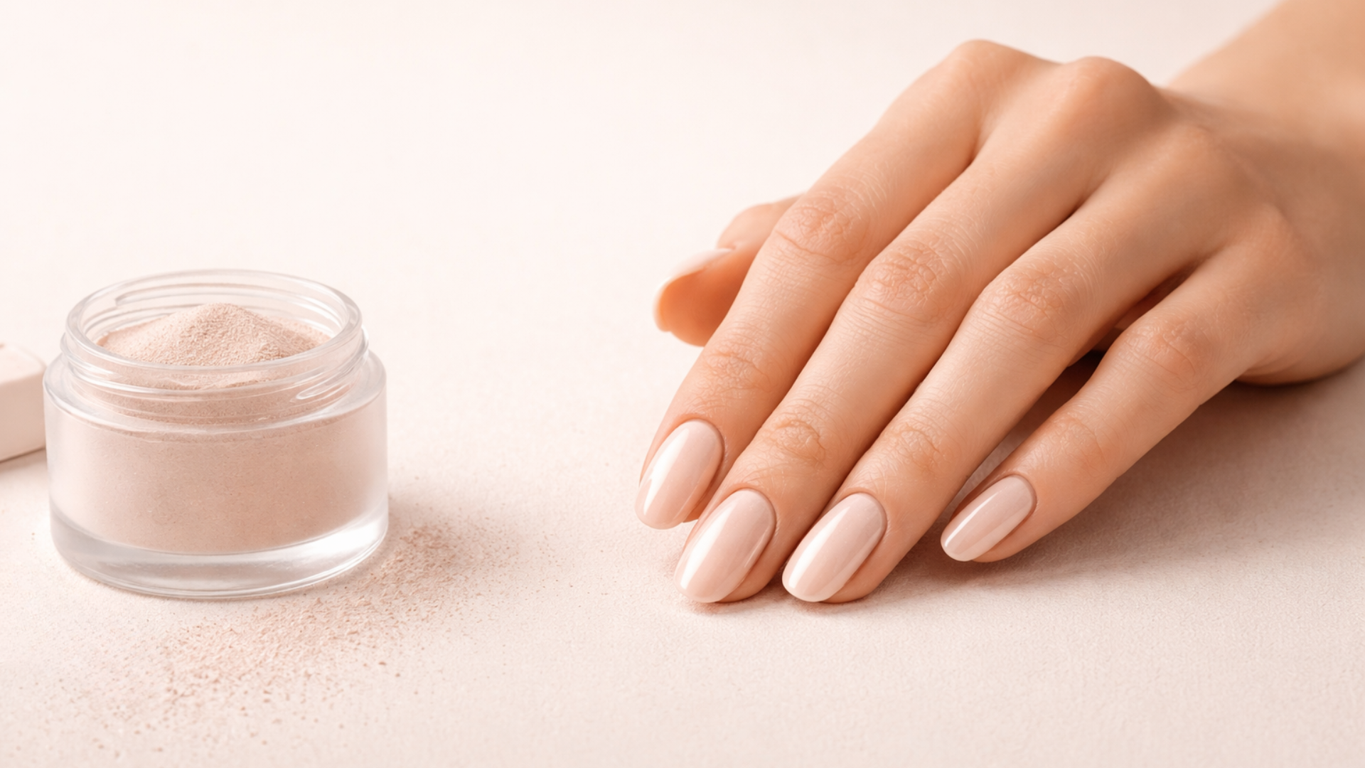 Dipping Powder Nägel in natürlichem Nude neben Dipping Powder im Studio-Look