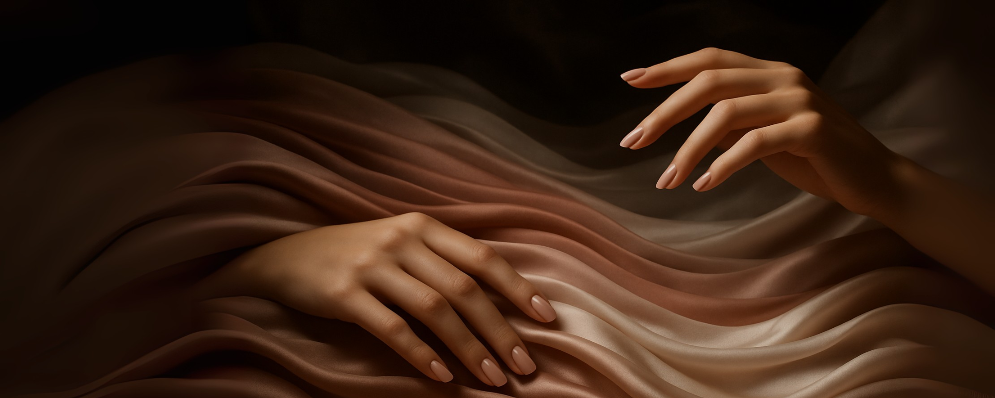 Zwei Hände mit Nude-Maniküre in verschiedenen Nuancen auf fließendem Satin-Stoff – luxuriöse Darstellung von Nude-Nageldesigns.