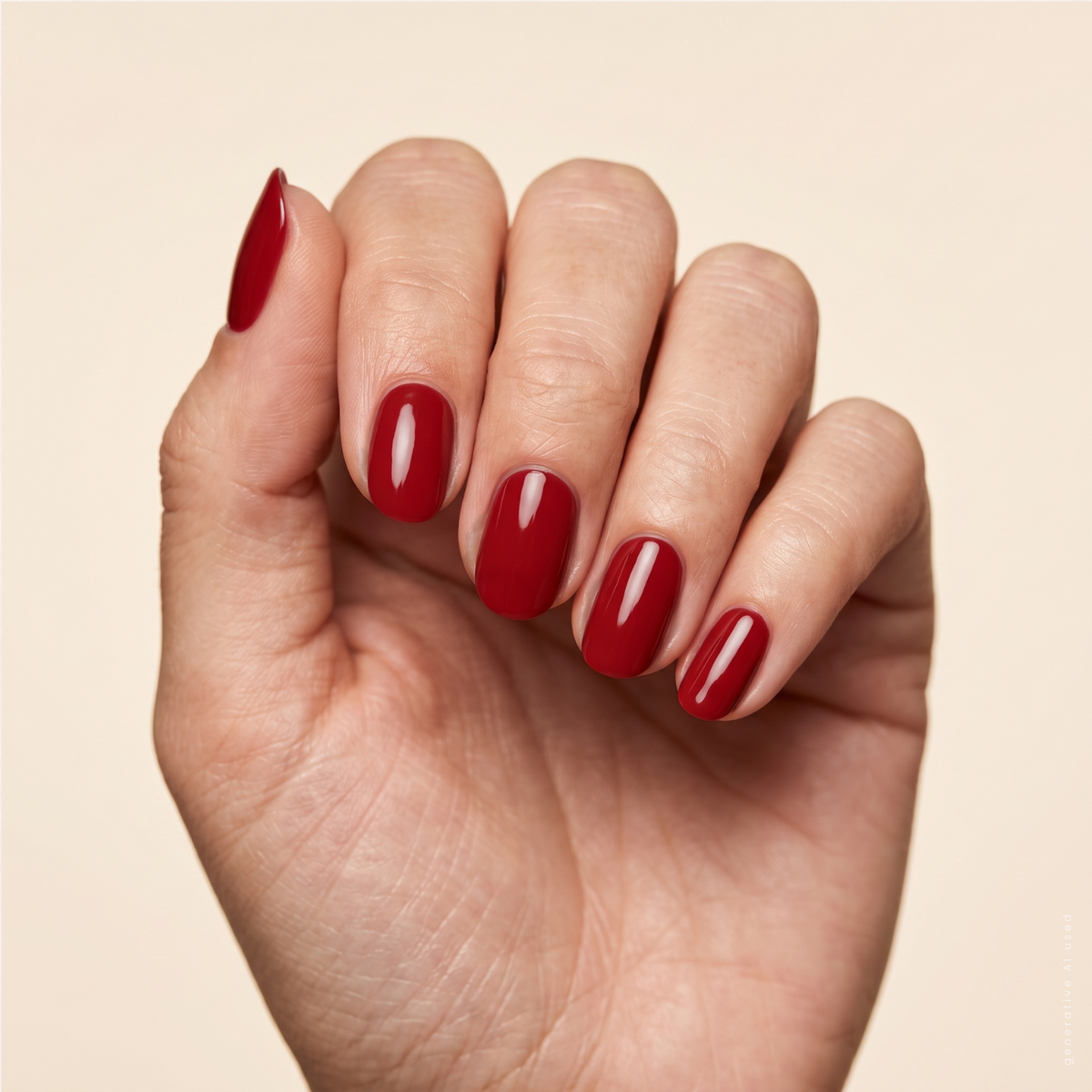 Nahaufnahme einer Hand mit oval geformten, glänzend versiegelten Nägeln in tiefem Rot mit fancyhands® Amira ohne Glitzer.