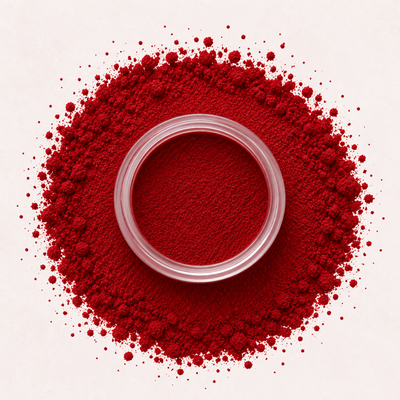 fancyhands® Amira Dipping Powder in tiefem, klassischem Rot ohne Glitzer im offenen Tiegel, umgeben von losem Pulver.