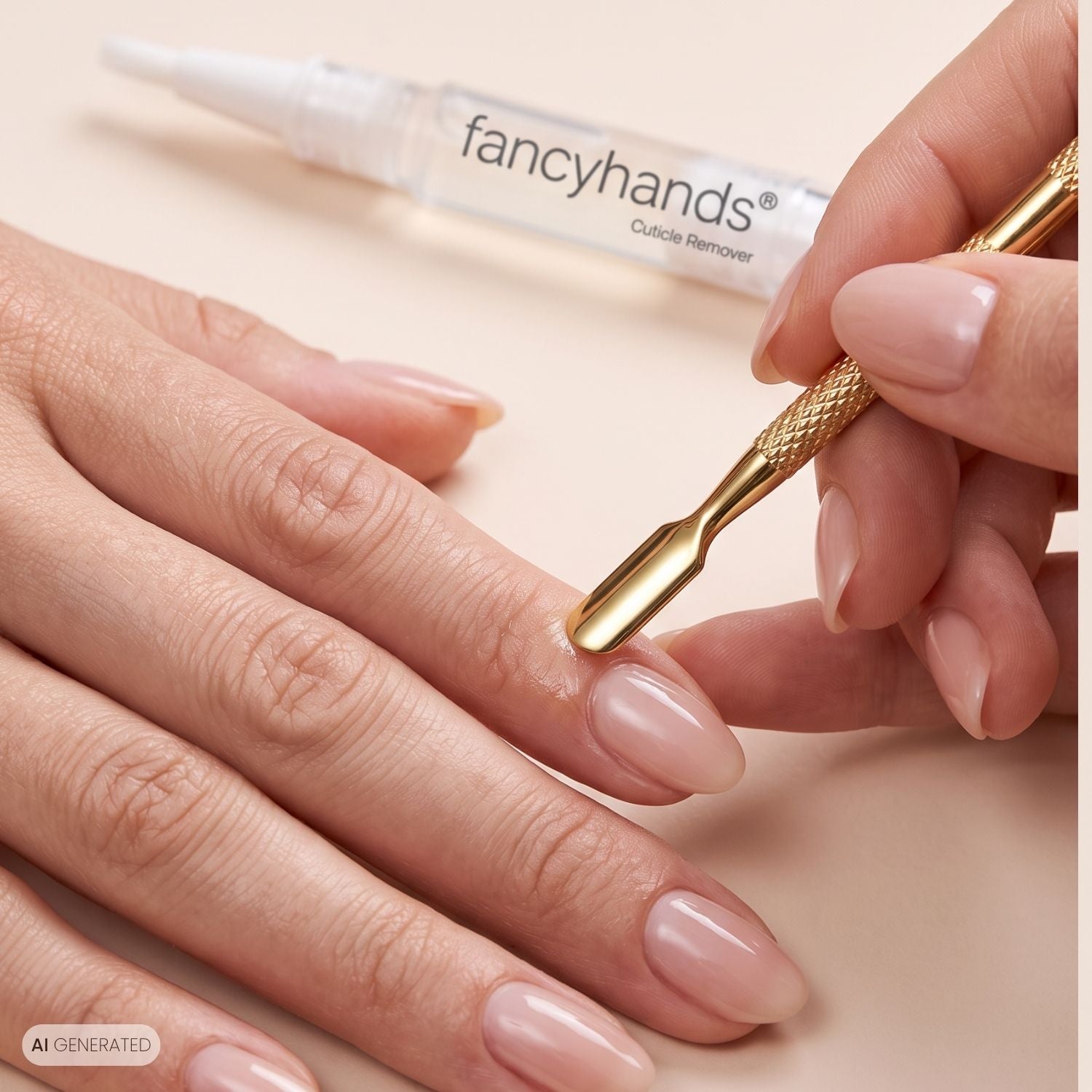 Gelöste Nagelhaut wird nach der Anwendung des fancyhands® Nagelhautentferner Stifts vorsichtig zurückgeschoben – KI-generierte Darstellung