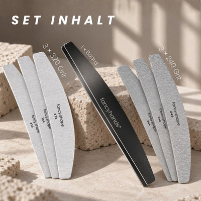 fancy.shape Starter Kit mit schwarzem Feilenboard sowie jeweils drei Feilblättern in 240 und 320 Grit